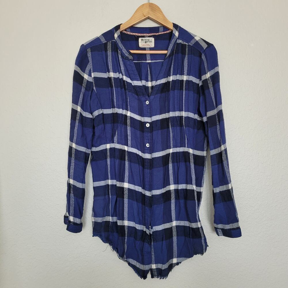 Holding Horses Anthropologie Womens Plaid Button-Up Shirt Size 4 Blue Western
